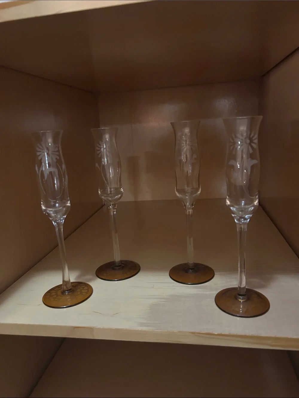 Etched Crystal Champagne Flutes with Amber Bases (Set of 4)*